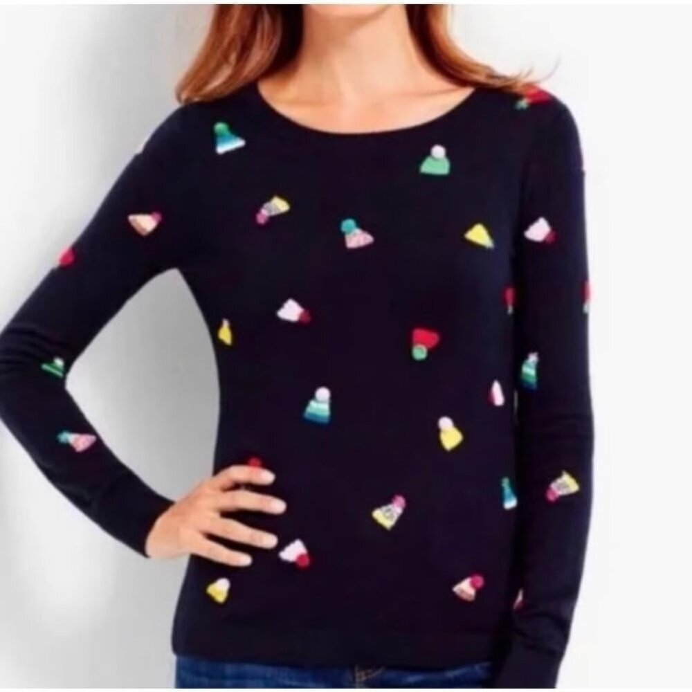 Talbots Petite Womens Size SP Small Party Hat Print Embroidered Sweater Blue 215